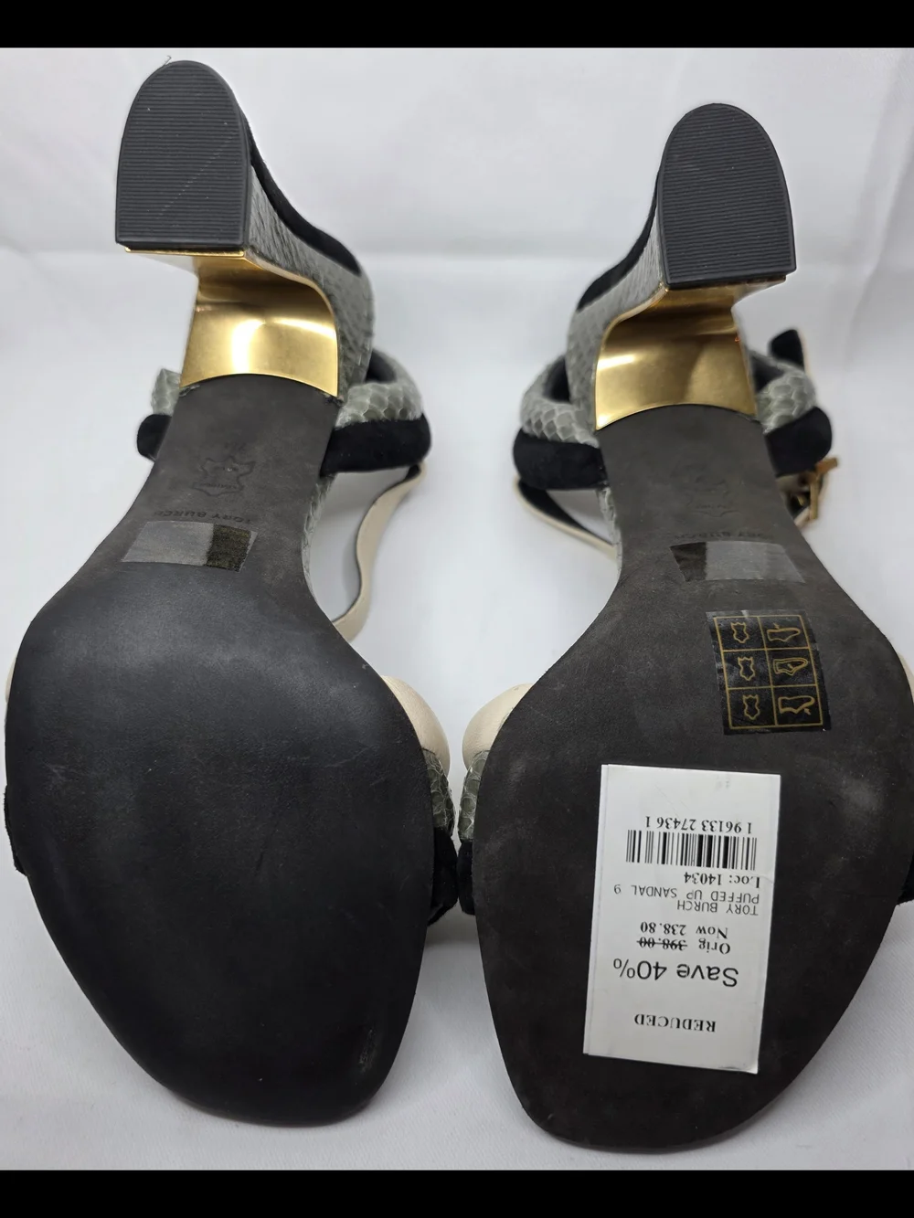 Tory Burch Black and Beige Ankle-Strap Heels with Gold Block Heel